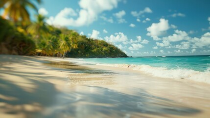 Wall Mural - An idyllic tropical beach with soft sand, palm trees, and clear turquoise water, under a bright blue sky with scattered clouds.