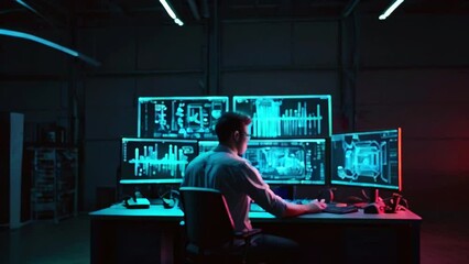A person is sitting in a dark room with multiple computer monitors in front of them. The monitors are displaying various lines of code and data. 