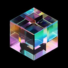 Poster - The transparent glossy crystal cube has holographic dispersion effect, modern rainbow reflection, and isometric distortion