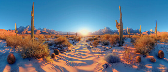 Wall Mural - A vast desert landscape with tall saguaro cacti scattered across the sand. The sky is clear blue and the sun casts long shadows on the ground. The view is breathtaking. Image generated by AI