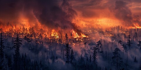 Heavy fire engulfing the forest at dusk