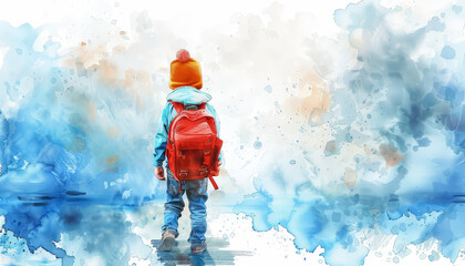 Wall Mural - A child wearing an orange jacket and blue jeans walks through a blurry