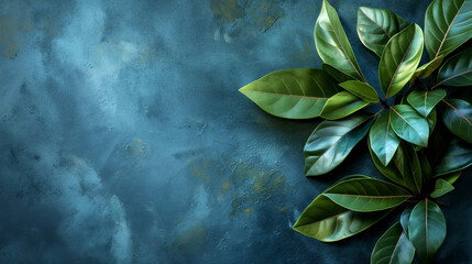 Wall Mural - Green leaves on textured blue background. Copy space. Generative AI	