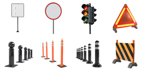 Set of traffic object png mockup in 3d without background for decoration.