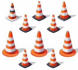 Flat modern illustration of orange plastic traffic cones with stripes.