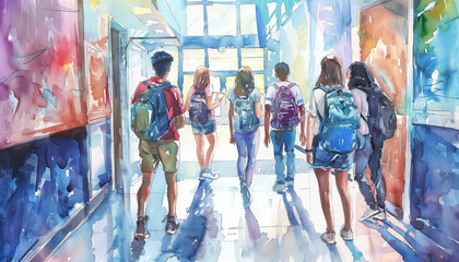 Canvas Print - A group of people are walking down a hallway with backpacks