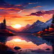 © laurentiu - Serene landscape at sunset featuring a pristine lake reflect