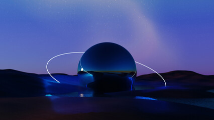 Wall Mural - 3D render, Surreal landscape metallic ball with neon circle glowing on dark nigh background, beautiful land and ocean scene.