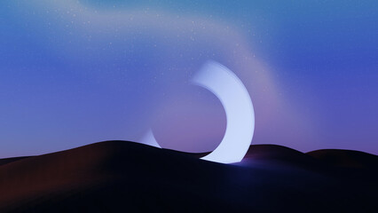 Wall Mural - 3d render, surreal landscape with glowing circle light on mountain and beautiful night sky backgroun