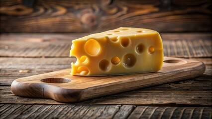 Close-up of a cut-out piece of delectable cheese on a wooden board, cheese, gourmet, dairy, food, delicious, appetizer, snack