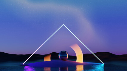 Wall Mural - 3d render, surreal landscape triangle neon light and reflection ball on water surface over aurora sk