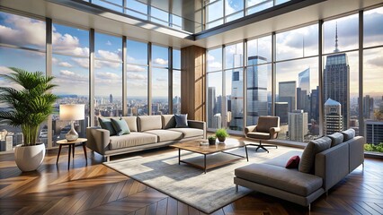 Canvas Print - Modern living room with panoramic windows overlooking city skyline, modern, panorama, living room, interior design