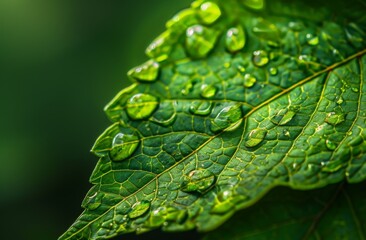 Wall Mural - Drops of dew on a green leaf macro. Beautiful leaf texture in nature. Natural background. Transparent rain water drops on a green leaf macro.