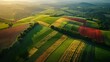 © LuvTK - An artistic aerial view of farmland grid patterns, highlighting nature's symmetry. The fields form intricate geometric designs with varying colors and textures, creating a visually captivating