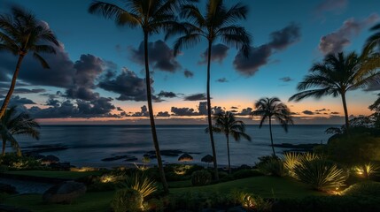 Wall Mural - Tropical beach at sunset with palm trees, calm ocean waves, vibrant sky colors, lush greenery, and cozy beachfront huts.	