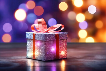 Congratulatory gift box with colored ribbon, blurred bokeh background. Festive anniversary surprise.