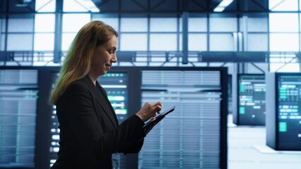Poster - technician doing checkup using tablet to prolong data center electronics life span and avoid downtim