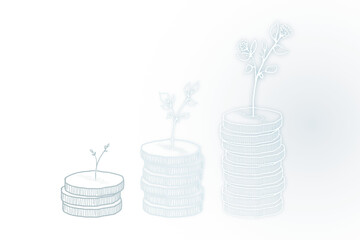 Poster - Hand-drawn illustration of plants growing from coins, suggesting an investment or growth concept, on a clean white background