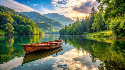 Wall Mural - Scenic view of a wooden boat on a tranquil lake surrounded by lush green landscapes, nature, landscape, water, boat, serene