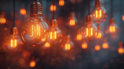 Wall Mural - An artistic depiction of a grid of glowing light bulbs on a dark background, representing ideas and innovation. The light bulbs emit a soft, warm glow