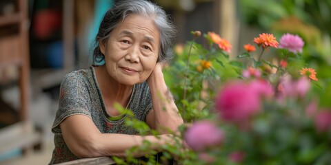 Wall Mural - A lovely Chinese grandmother poses in a blossoming garden, enjoying her time outdoors.