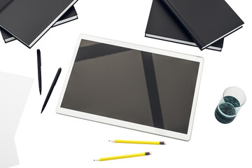 Poster - An assortment of office items including tablet, notebooks, pens, paper, and a glass of water, on a white background, showcasing a workplace layout concept. 3D Rendering