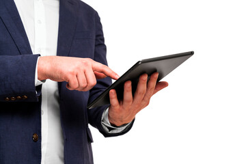 Poster - Businessman in a suit using a digital tablet, photographed closeup with a white background, concept of technology in business