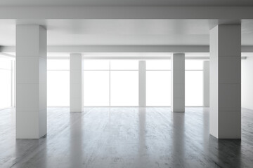 Wall Mural - An empty interior space with white columns, large windows, and a glossy floor, set against a light background, concept of minimalist architecture. 3D Rendering