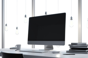 Poster - A modern workspace with an empty computer monitor, keyboard, mouse, and stacked books on a desk, with hanging light bulbs and window background. 3D Rendering