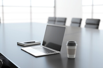 Poster - Laptop on a boardroom table with notebooks and a coffee cup, in a clean modern office setting, concept of business workspace. 3D Rendering