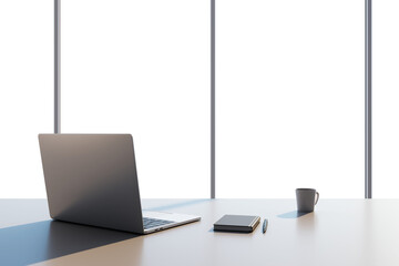 Poster - Laptop, notebook, and pen on a clean white office desk, minimalist professional workspace concept, light. 3D Rendering