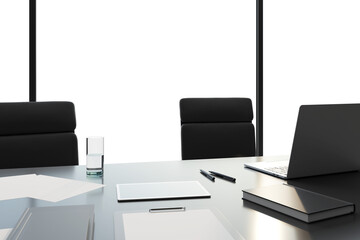 Poster - Modern office desk setup with a laptop, notebooks, pen, and glass of water, on a white background, concept of a clean workspace. 3D Rendering