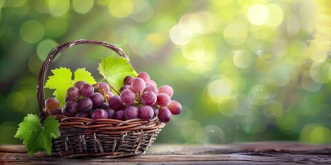 Wall Mural - Grape with leaf on wooden basket, set against green bokeh background