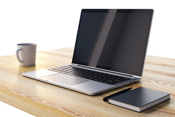 Poster - A laptop on a wooden table with a coffee mug and notebook, on a white background, concept of remote work or home office. 3D Rendering