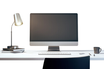 Poster - Modern workspace with computer monitor, desk lamp, keyboard, and coffee cup on a white table with a white background, concept of a clean design office. 3D Rendering