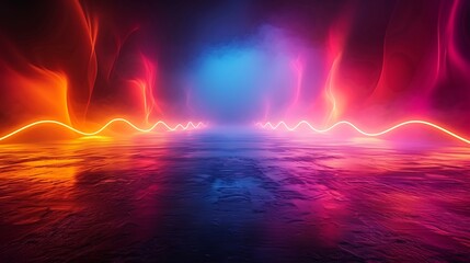 Wall Mural - An artistic depiction of sinusoidal neon lights on a dark, empty stage, evoking a sense of drama. The neon lights form fluid wave patterns, casting colorful glows and creating a captivating