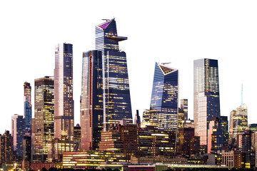 Poster - A photograph of the Manhattan skyline during twilight with illuminated buildings against a dusk sky
