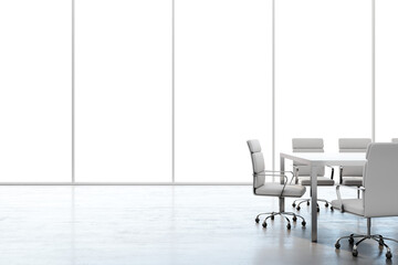 Aufkleber - Modern meeting room with white chairs and table, simple style, against large windows, concept of a corporate environment. 3D Rendering