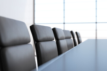 Poster - Row of modern office chairs around a conference table, minimalist style, on a light background, concept of corporate meeting. 3D Rendering