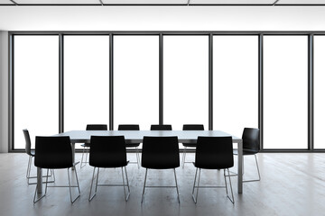 Aufkleber - Minimalistic conference room interior with a table, chairs, and large windows on a white background, concept of corporate meetings. 3D Rendering