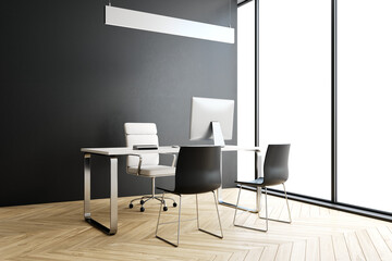 Poster - Modern office interior with desk, chair, and computer monitor, clean and bright, with a wooden floor and black wall, concept of workspace. 3D Rendering