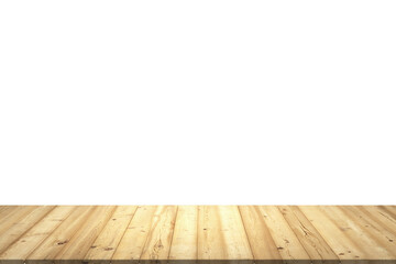 Poster - A wooden table top with a perspective view on a clean white background, concept of a workspace or display area. 3D Rendering