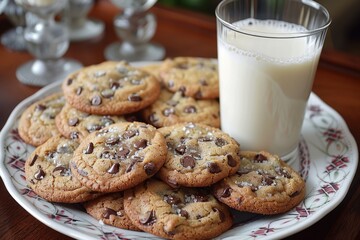 A plate of homemade cookies with gooey chocolate chips and a glass of milk beside it. 