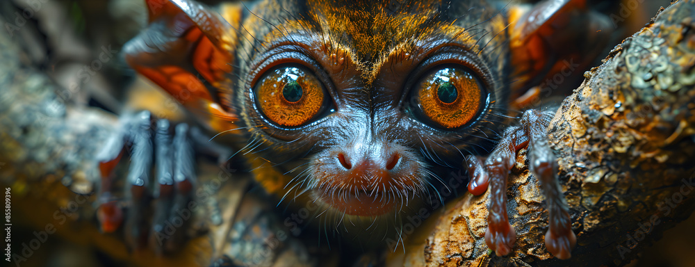 Close-up Philippine Tarsier (Tarsius syrichta) on tree in pure jungle ...