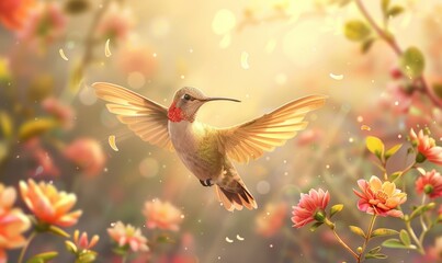 Wall Mural - small hummingbird with colorful plumage flying near colorful blooming flowers on blurred background