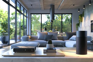 Fototapete - A modern smart home interior featuring AI-driven devices, automated lighting, and smart security systems. Generative AI