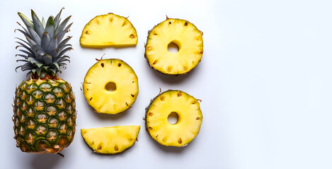 Wall Mural - A fresh pineapple along with its slices are presented on white background from top view