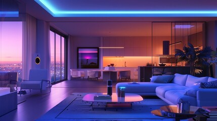 Fototapete - A sleek and modern living room in a smart home, featuring automated lighting and a city view. The interior is designed for comfort and technology integration. Generative AI