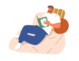 Poster - Man reading book, relaxing, lying at home. Happy male character enjoying interesting literature, novel, resting on sofa at leisure time. Flat vector illustration isolated on white background