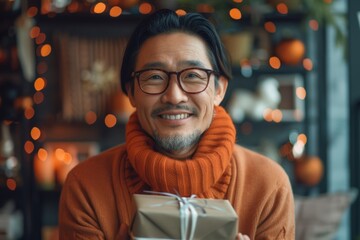 Canvas Print - Portrait of a blissful asian man in his 40s holding a gift on scandinavian-style interior background